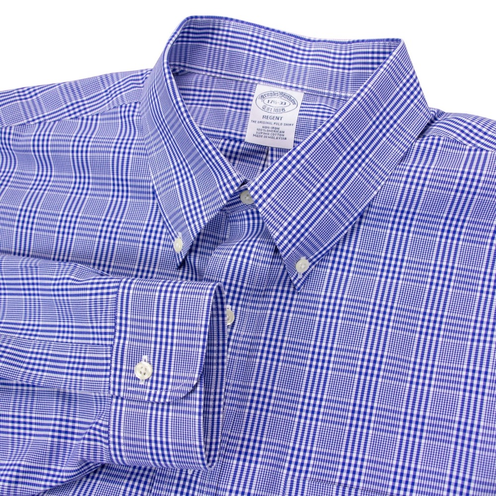 Brooks Brothers Regent Fit Blue Plaid Shirt Mens 17.5 33 Non‎ Iron Supima Cotton